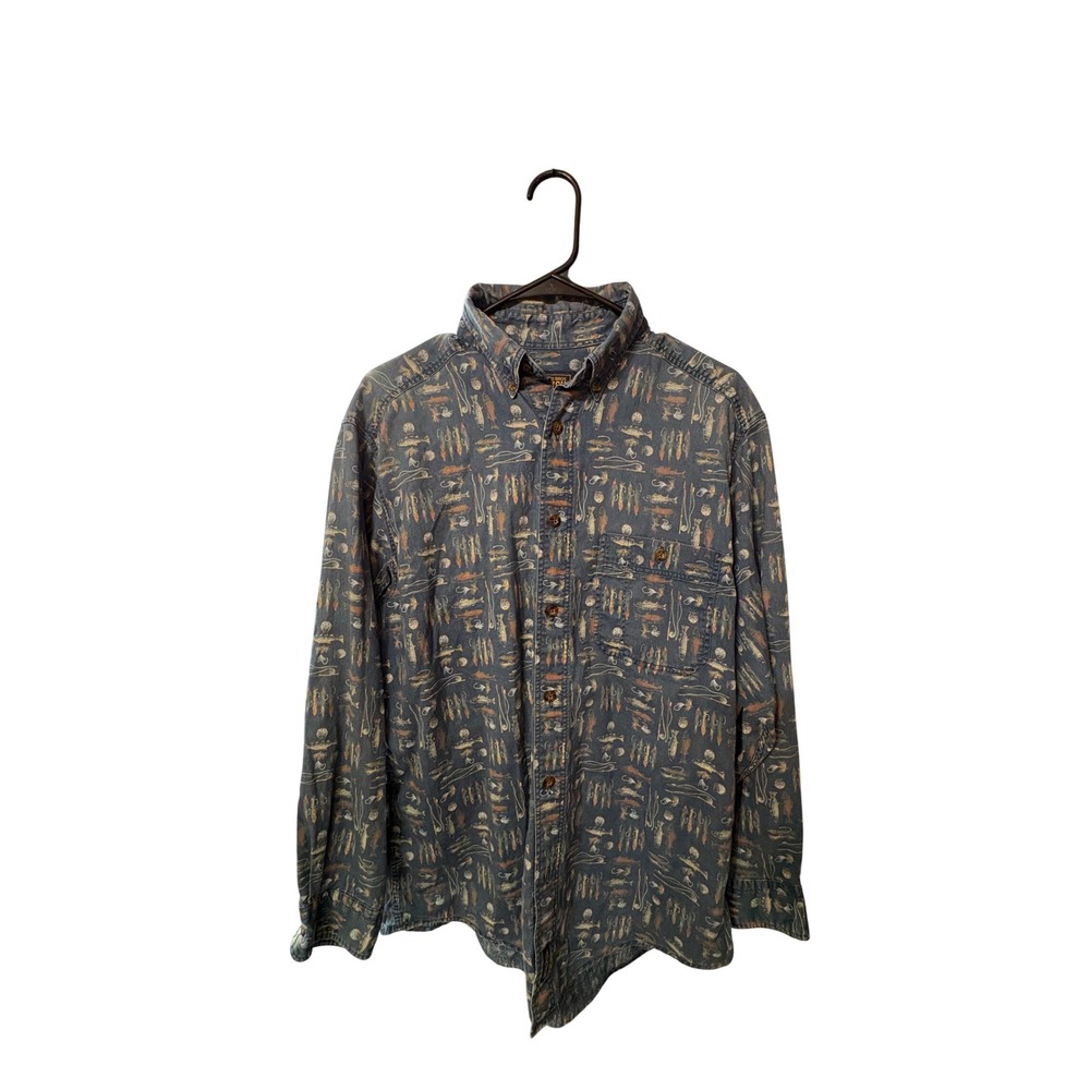Woolrich Mens Blue Fishing Lure Fly Print Button Down Shirt Long Sleeve L